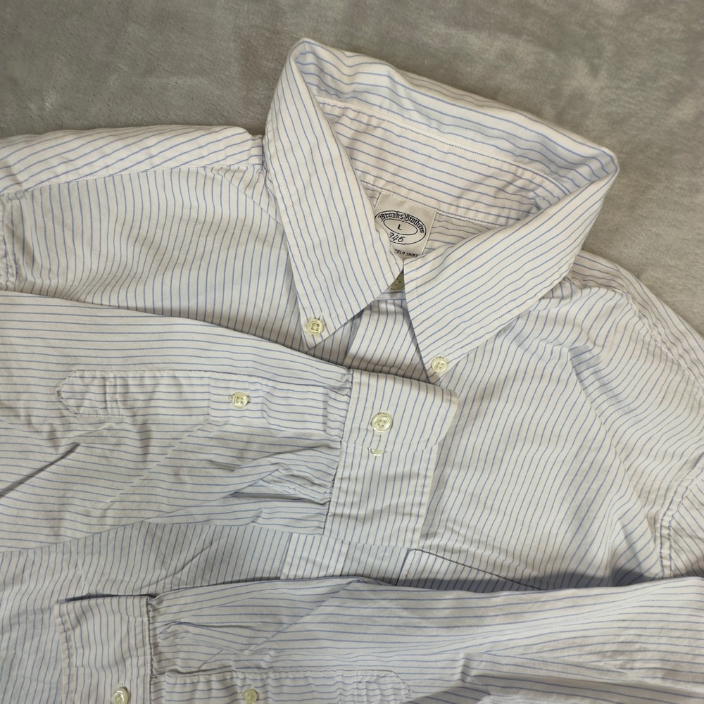 Brooks Brothers 346 Shirt Large L Blue White Striped Cotton Slim‎ Fit Excellent